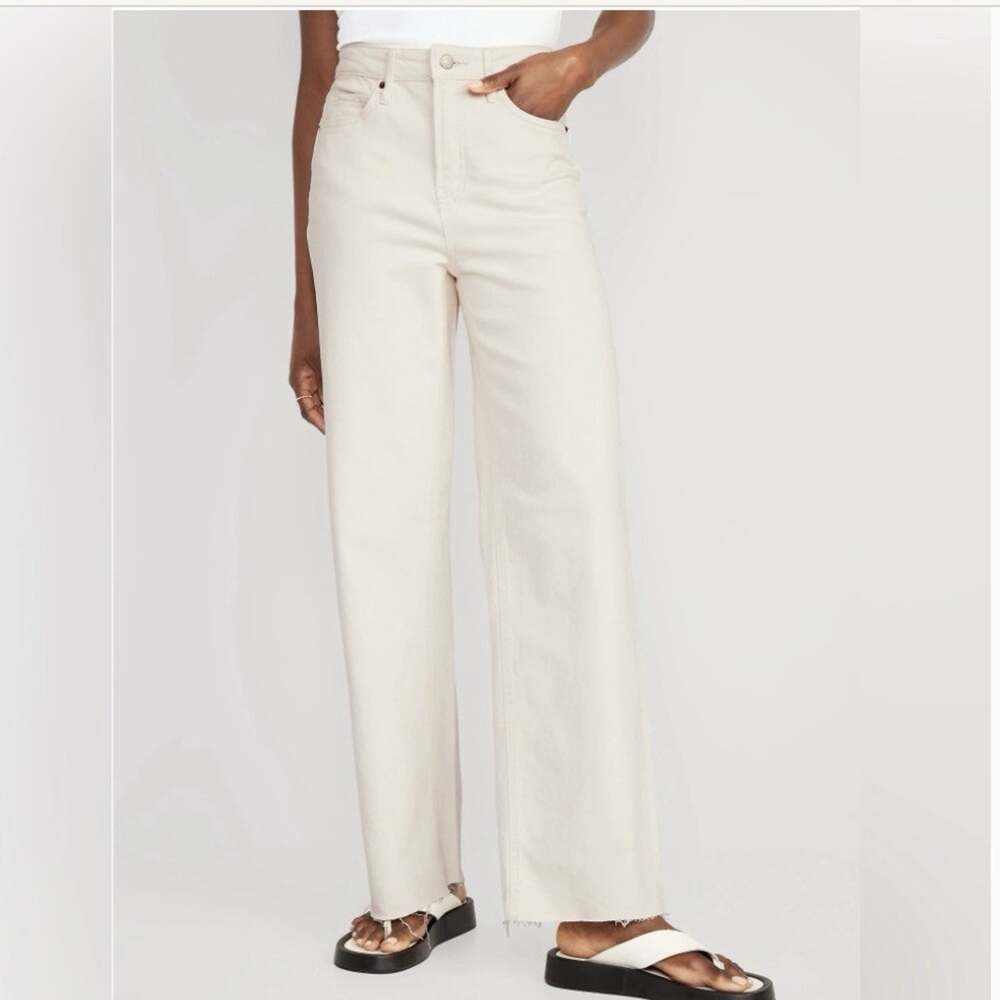 Old Navy Sky High Wide Leg Jeans Ecru Raw Hems Size 14